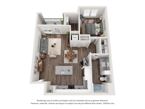 Floor plan for 1 bed, 1 bath, 867 sqft